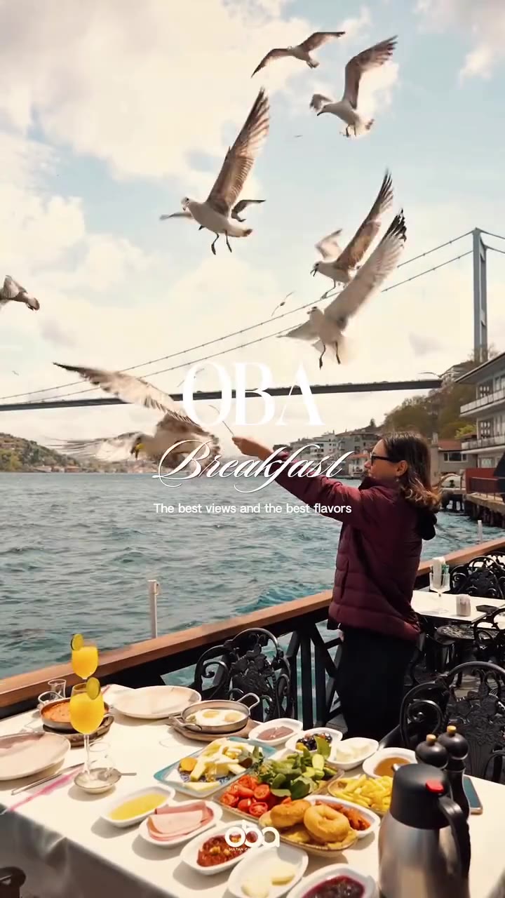 إفطار مطعم أوبا على الشرفة، النوارس وجسر السلطان محمد الفاتح